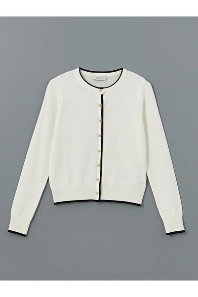 LC Waikiki LCW Vision Ekru Bisiklet Yaka Renk Bloklu Kadın Triko Hırka