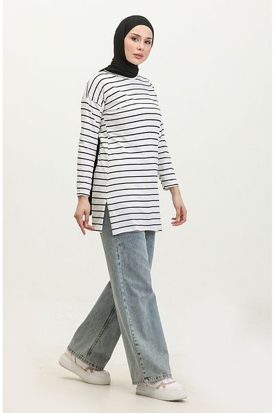 sefamerve White Striped Combed Cotton Tunic - 8705A-02