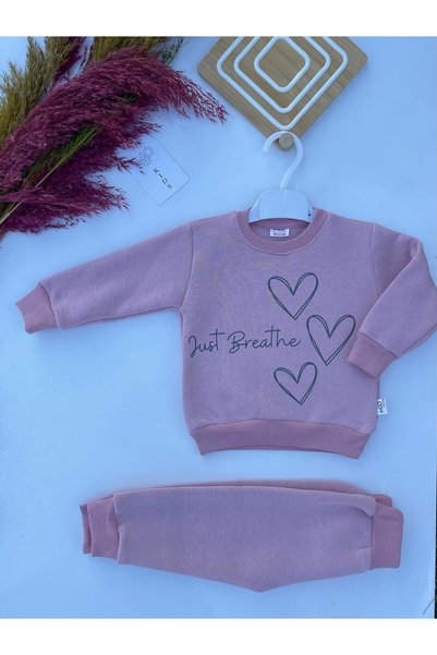 MGO KİDS MGOO KİDS KIZ BEBEK KALP BASKILI ŞARDONLU ÜÇ İPLİK 2 Lİ ALT ÜST TAKIM
