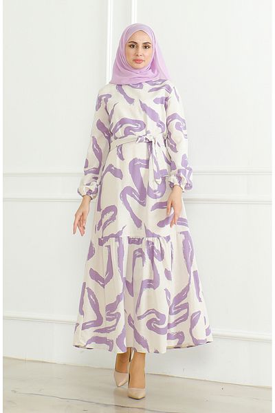 sefamerve Linen Dress 0471A-01 - Patterned and Belted, Beige Lilac
