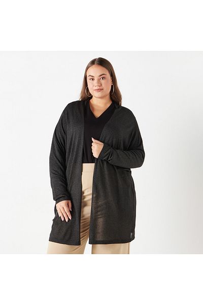 Ulla Popken Plus Size Ulla Popken Textured Shrug with Long Sleeves and Pockets