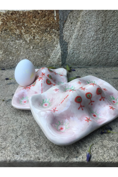 seramikanaz Handmade Ceramic Pink Colored Red Flower Pattern Egg Storage Cont...