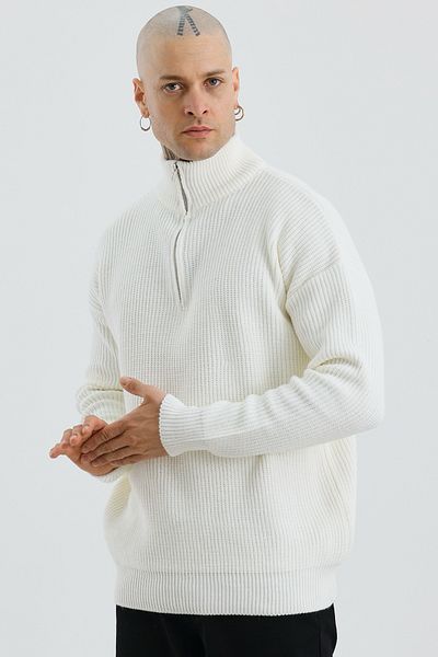 MADZEYMODA Ανδρικό πλεκτό λευκό πλεκτό πουλόβερ με μισό φερμουάρ Premium Mz62001