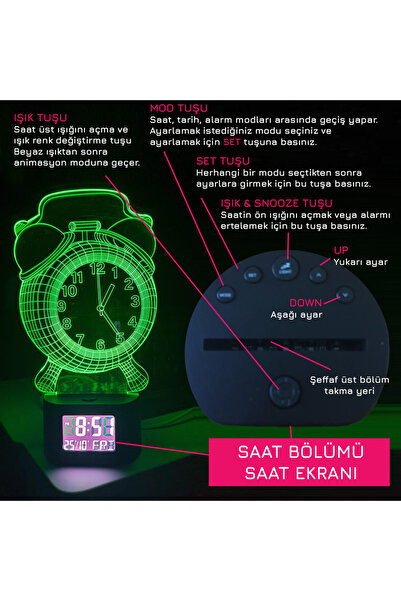 UpWay UpVay 3D İllüzyonlu RGB Işık Animasyonlu Çalar Masa Saati Gece Lambası