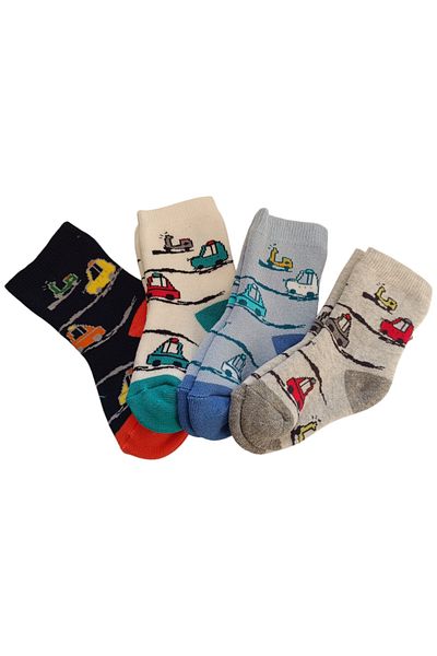 stellare Colorful Car Patterned Children's Towel Thick Winter Socks 4 Pairs