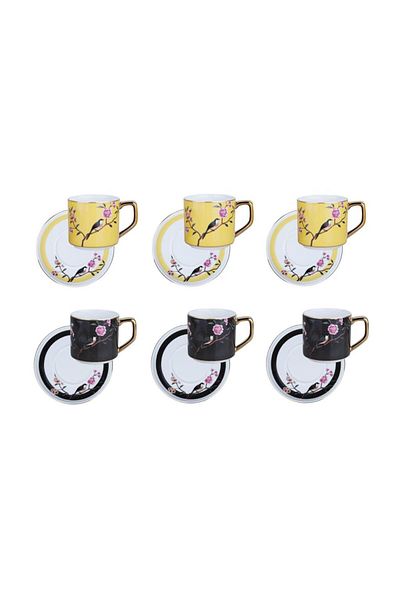 Lucky Art Lucile Black Yellow Bird Patterned Set of 6 Porcelain Coffee Cups