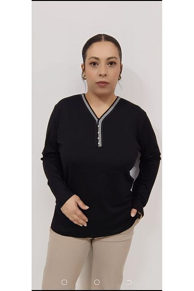 AKŞEN GİYİM LARGE SIZE V-NECK MOTHER BLUZE WITH MERSERIZED RIBBAN AND STONE BUTTON DETAILS HIGH QUALITY LONG SLEEVE