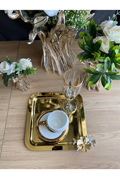 atabey home collection 6 ADET Kahve & Çay & Sunum Tepsisi Gold Tepsi Kelebek Dökümlü