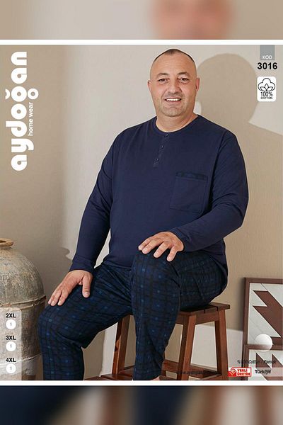 Aydoğan Men's Lusty Plus Size O Neck Navy Blue Pajamas Suit 3016