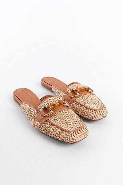 Capone Outfitters Γυναικείες παντόφλες από γνήσιο δέρμα με κοντό τακούνι, ψάθινη αγκράφα