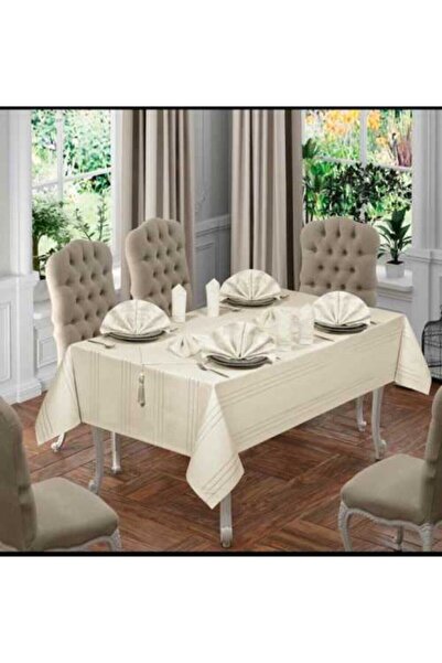 bursa çeyiz 26 Pieces Luxury Tablecloth Set for 12 People - Carefree Colber Fabric, Cream