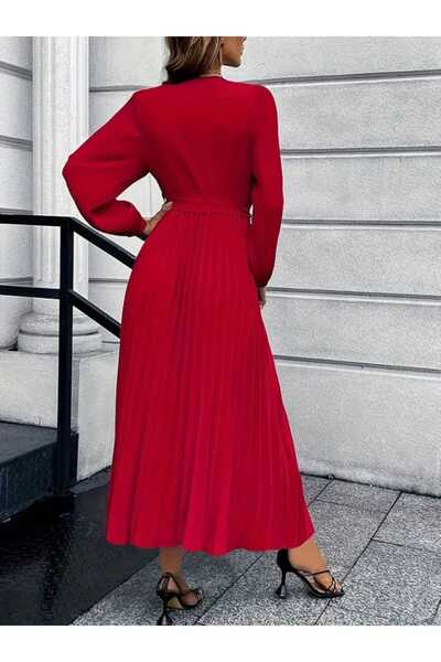 Kokosh moda Women's Pleat Detailed Belted Long Sleeve Imported Crepe Dress