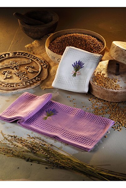 Luvilavant Lavanta Demeti Nakışlı Pamuklu Mor Lila Renkli 2'li Mutfak Bezi