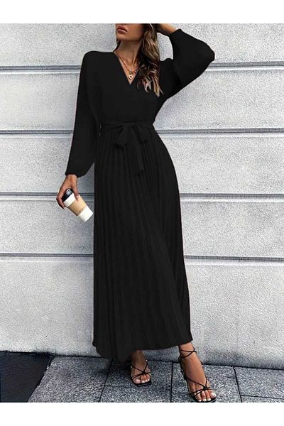 Kokosh moda Women's Pleat Detailed Belted Long Sleeve Imported Crepe Dress