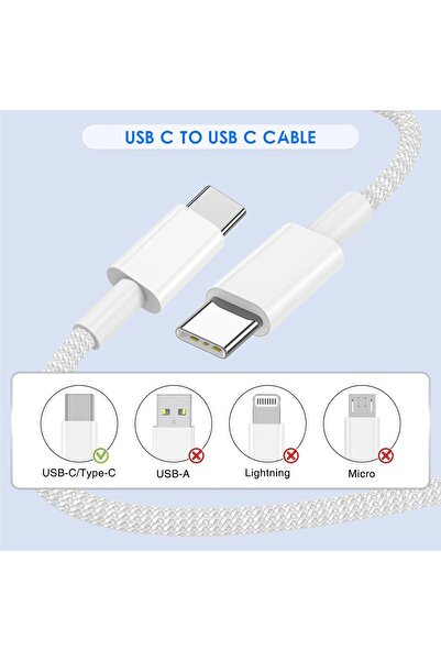 WANNA PROTECT 60W Destekli Iphone Samsung Xiaomi Oppo Uyumlu Type C To Type C Hızlı Şarj Kablosu Beyaz 1 Metre