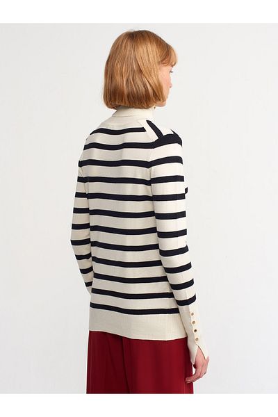 Dilvin 10432 Turtleneck Striped Durop Sweater-Cream-Black