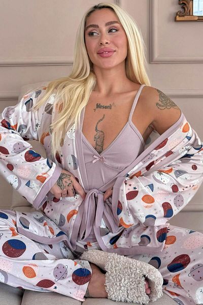 Pijamaevi Set de pijamale de damă cu model Aydede violet cu halat termic