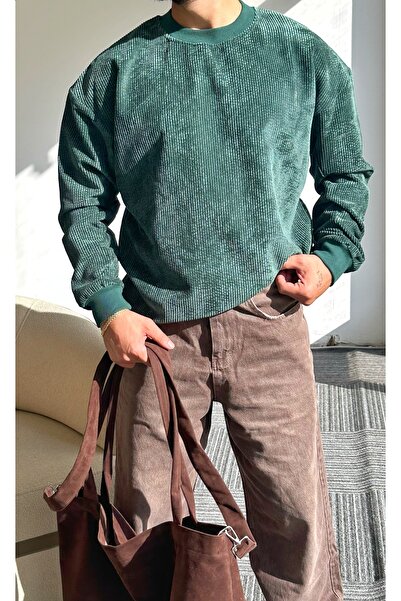 Hazhers Ανδρικό φούτερ με ριγέ βελούδο - Crew Neck