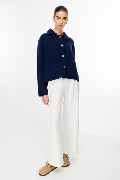 Hooopstore Cardigan bleumarin cu nasturi cu guler de cămașă