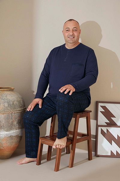 Aydoğan Men's Lusty Plus Size O Neck Navy Blue Pajamas Suit 3016