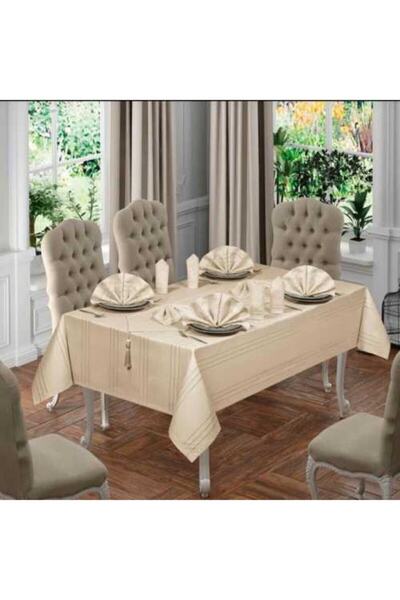 bursa çeyiz Carefree Colber Fabric Tablecloth Set for 12 People 26 Pieces Luxury Set Cappicino