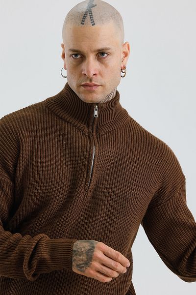 MADZEYMODA Мъжки оувърсайз плетен пуловер с половин цип, първокласен, цвят кафе Mz62001