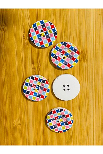 Kartopu Decorative Painted Wooden Button 25 Mm. Pack of 5. Checkerboard Pattern.