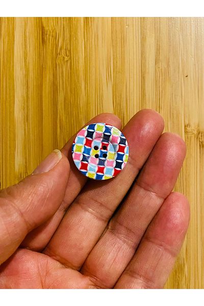 Kartopu Decorative Painted Wooden Button 25 Mm. Pack of 5. Checkerboard Pattern.