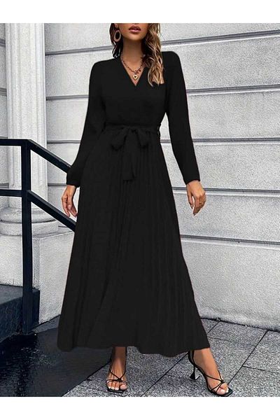 Kokosh moda Women's Pleat Detailed Belted Long Sleeve Imported Crepe Dress