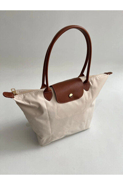 Hepsi Moda Foldable Shoulder Bag with Leather Handle and Snap Fastener - Beige & Tan