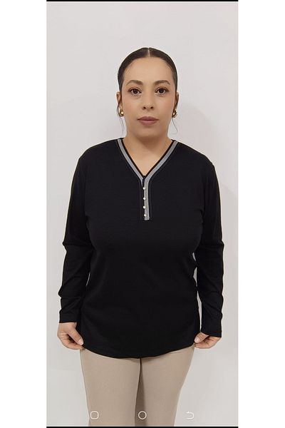 AKŞEN GİYİM LARGE SIZE V-NECK MOTHER BLUZE WITH MERSERIZED RIBBAN AND STONE BUTTON DETAILS HIGH QUALITY LONG SLEEVE