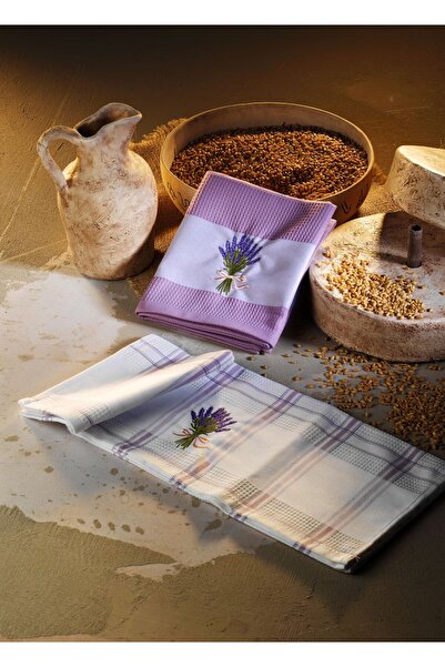 Luvilavant Lavanta Demeti Nakışlı Ekose Mor Lila Renkli 2'li Mutfak Bezi
