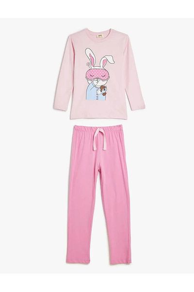 Koton Rabbit Printed Long Sleeve Cotton Pink Girl's Pajamas Set 5Wlk40017Mk