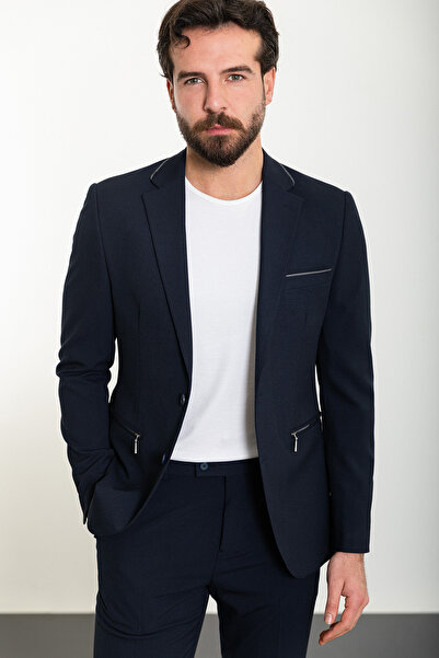 Mcr Straight Slim Fit Mono Collar Zippered Men's Suit Navy Blue - 45316.24Y