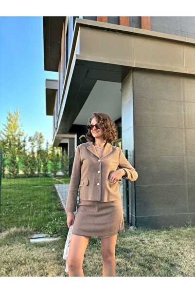 Butik Stone Buttoned Tweed Jacket Shorts Skirt Set