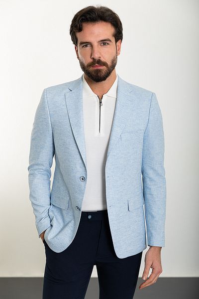 Mcr Crushed Slim Fit Mono Collar Linen Men's Jacket Blue - 40370.24Y