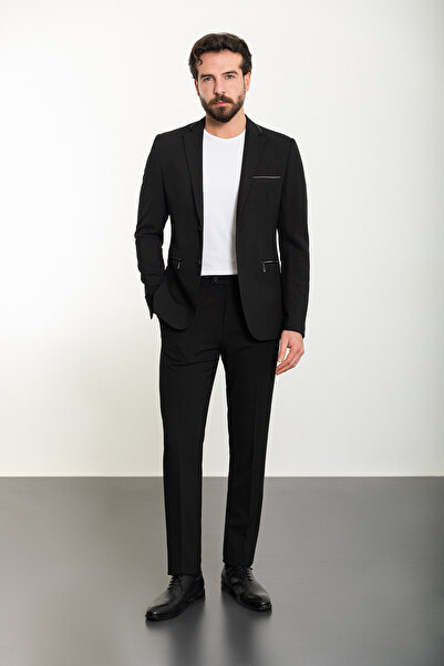 Mcr Straight Slim Fit Mono Collar Zippered Men's Suit Black - 45316.24Y