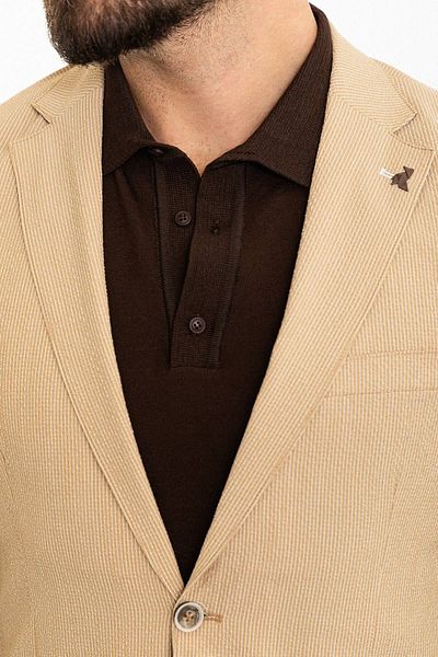 Mcr Striped Slim Fit Bag Pocket Mono Collar Seersucker Men's Suit Beige - 45320.24Y