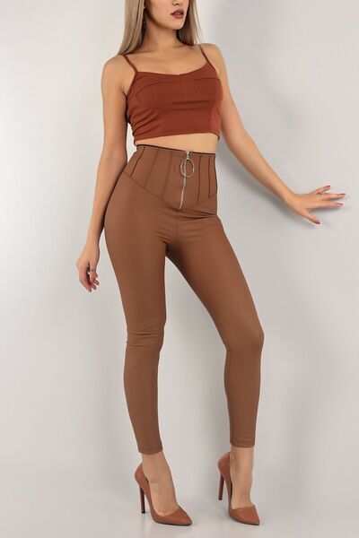 KAŞİHA Taba Içi Polarlı Full Esnek Yüksek Fermuarlı Korse Belli Mat Tayt Deri Pantolon 90 Cm
