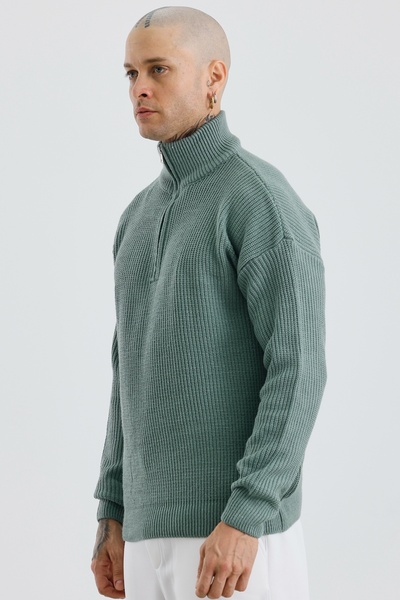 MADZEYMODA Men's Oversize Half Zip Premium Knitted Green Knitwear Sweater Mz62001