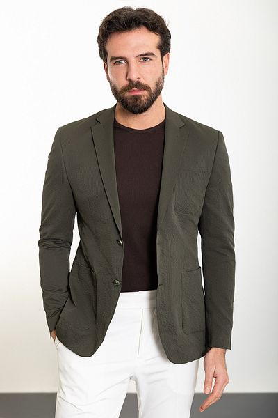 Mcr Striped Slim Fit Bag Pocket Mono Collar Seersucker Men's Jacket Khaki - 40365.24Y