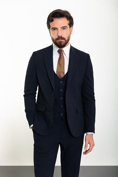 Mcr Straight Slim Fit Mono Collar Classic Men's Suit Navy Blue - 45313.24Y