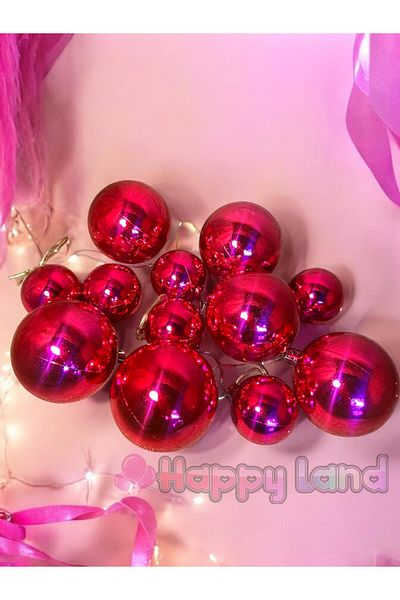 Happyland Bright Fuchsia Colored 12 Pieces Christmas Pine Tree Ornament Ball Set - 6 Pieces 4cm, 6 Pieces 6cm