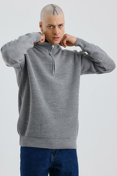 MADZEYMODA Ανδρικό πλεκτό πουλόβερ με μισό φερμουάρ Premium πλεκτό γκρι Mz62001