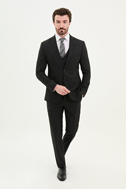 Mcr Çizgili Slim Fit Mono Yaka Pamuk Erkek Takım Elbise Siyah - 45343.24Y