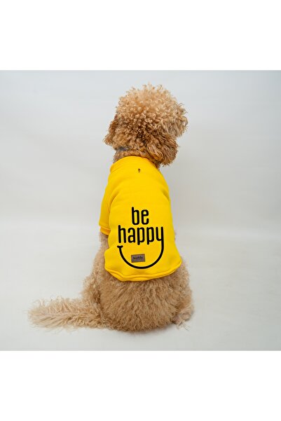 Buddy Store Kedi Ve Köpek Kıyafeti Elbiseleri - Be Happy Baskılı Sarı Kapüşon...