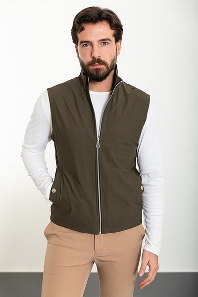 Mcr Plain Khaki Slim Fit Bag Pocket Judge Collar Men's Vest