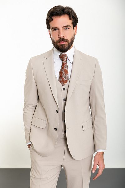 Mcr Straight Slim Fit Mono Collar 4 Drop Classic Men's Suit Beige - 45317.24Y