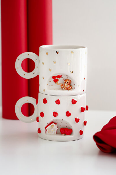 SİNEM YAMAN HOME KALP EV VE AYICIK EL YAPIMI SERAMİK 2Lİ KUPA TAKIMI