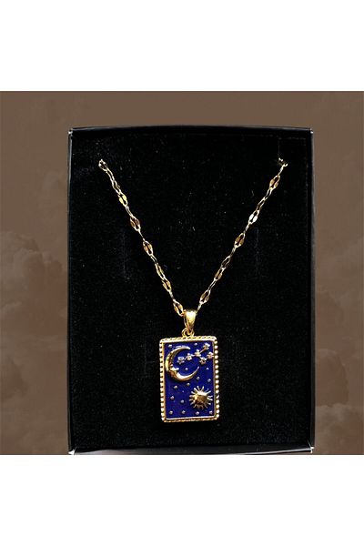 Çalıkaksesuar Night Blue Sun Star and Hilal Patterned Tarot Necklace